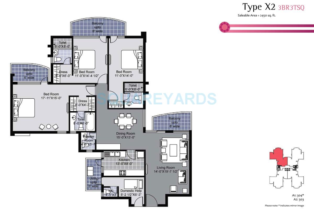 Floor plan of 3 BHK 2450 Sq. Ft. Apartment in Unitech Exquisite, Gurgaon