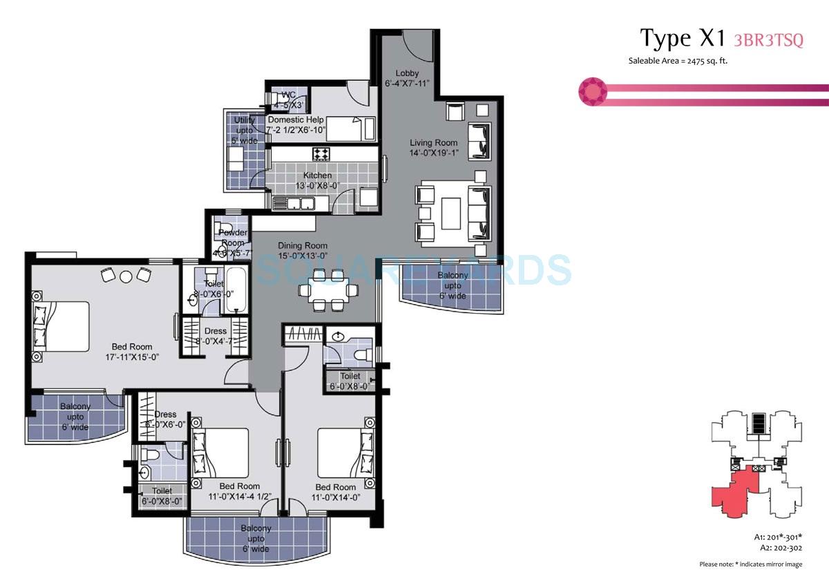 Floor plan of 3 BHK 2475 Sq. Ft. Apartment in Unitech Exquisite, Gurgaon