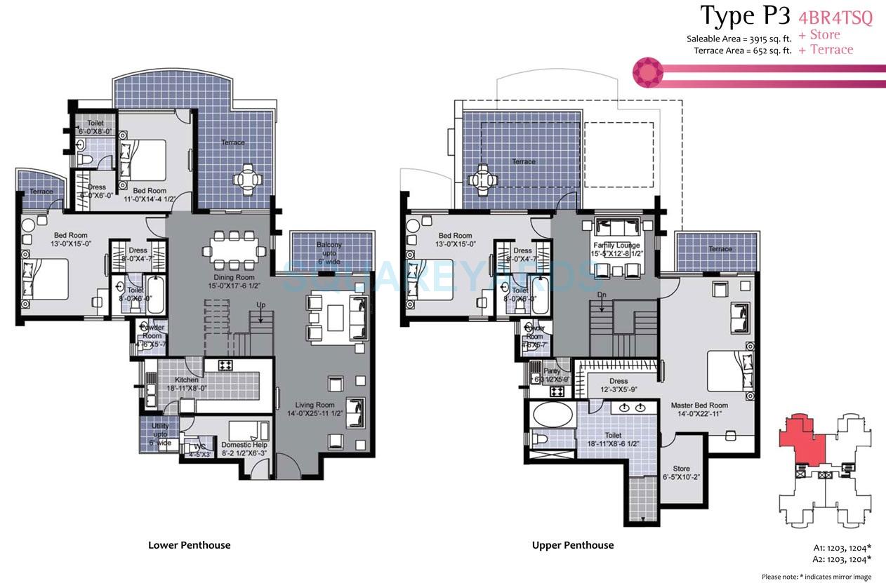 Floor plan of 4 BHK 3915 Sq. Ft. Penthouse in Unitech Exquisite, Gurgaon