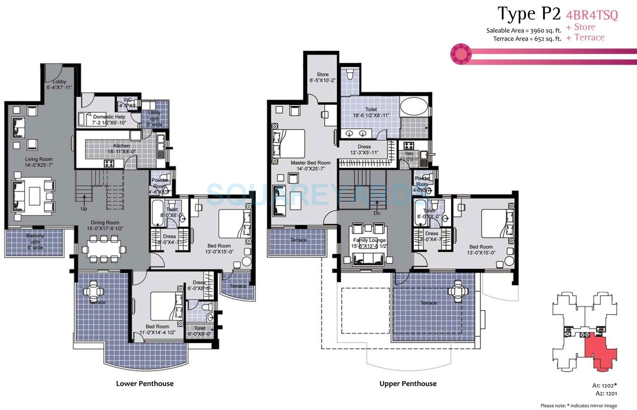 Floor plan of 4 BHK 3960 Sq. Ft. Penthouse in Unitech Exquisite, Gurgaon