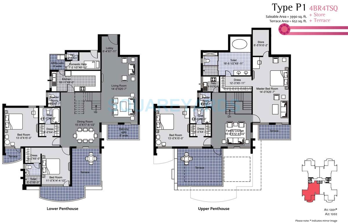 Floor plan of 4 BHK 3990 Sq. Ft. Penthouse in Unitech Exquisite, Gurgaon