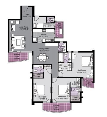 Floor plan of 3 BHK 2350 Sq. Ft. Apartment in Unitech Exquisites, Gurgaon