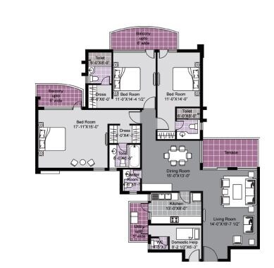 Floor plan of 3 BHK 2375 Sq. Ft. Apartment in Unitech Exquisites, Gurgaon