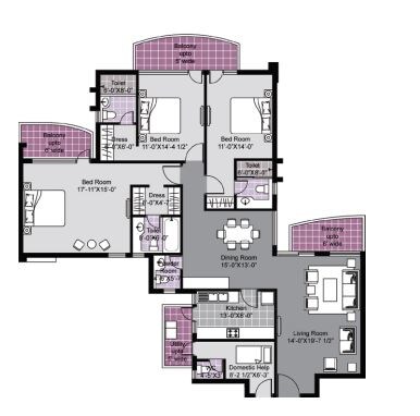 Floor plan of 3 BHK 2450 Sq. Ft. Apartment in Unitech Exquisites, Gurgaon