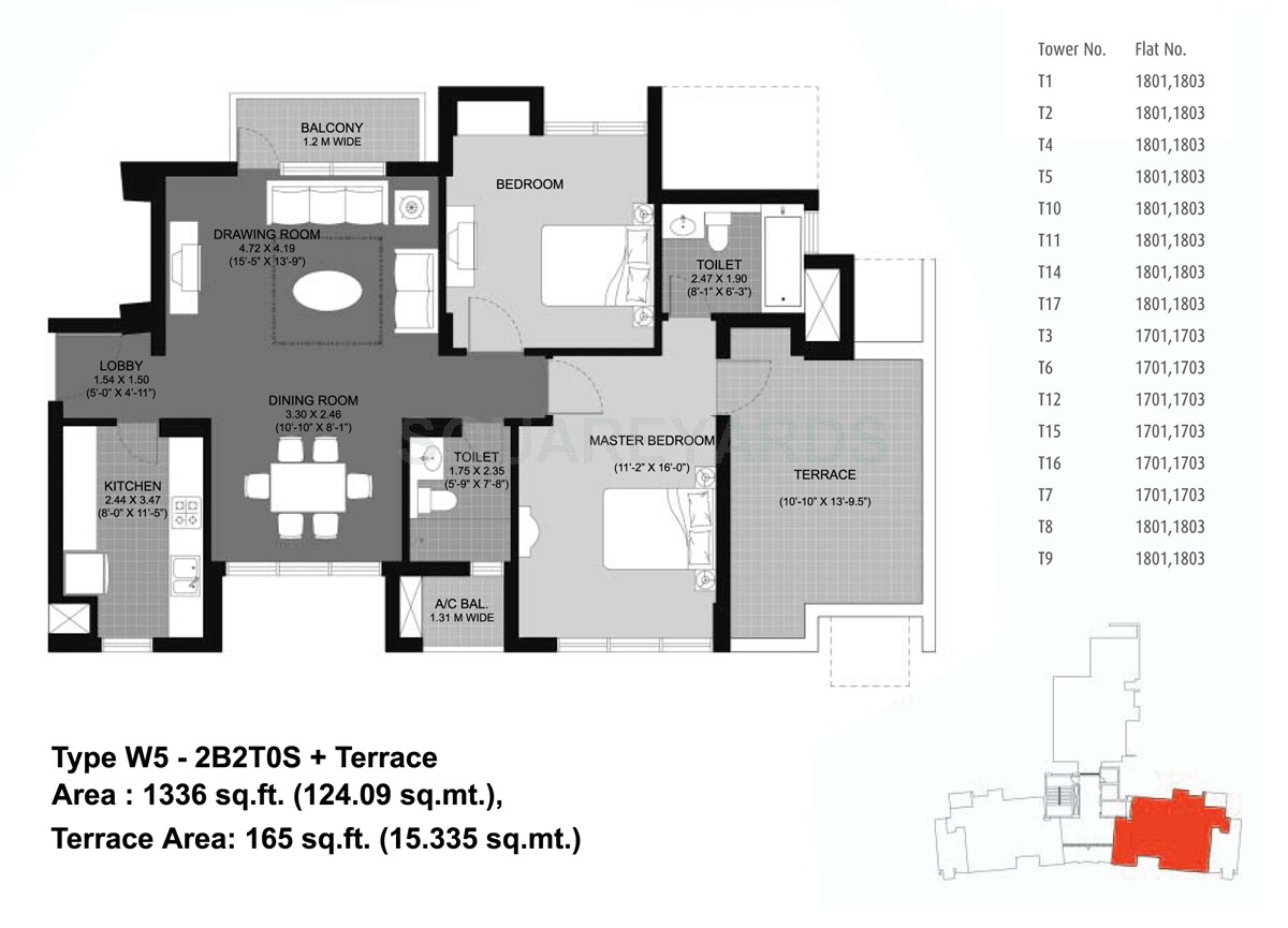 Floor plan of 2 BHK 1336 Sq. Ft. Apartment in Unitech Fresco, Gurgaon