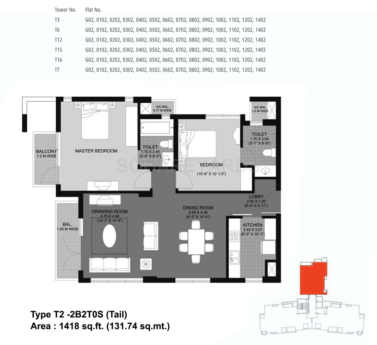 Floor plan of 2 BHK 1418 Sq. Ft. Apartment in Unitech Fresco, Gurgaon