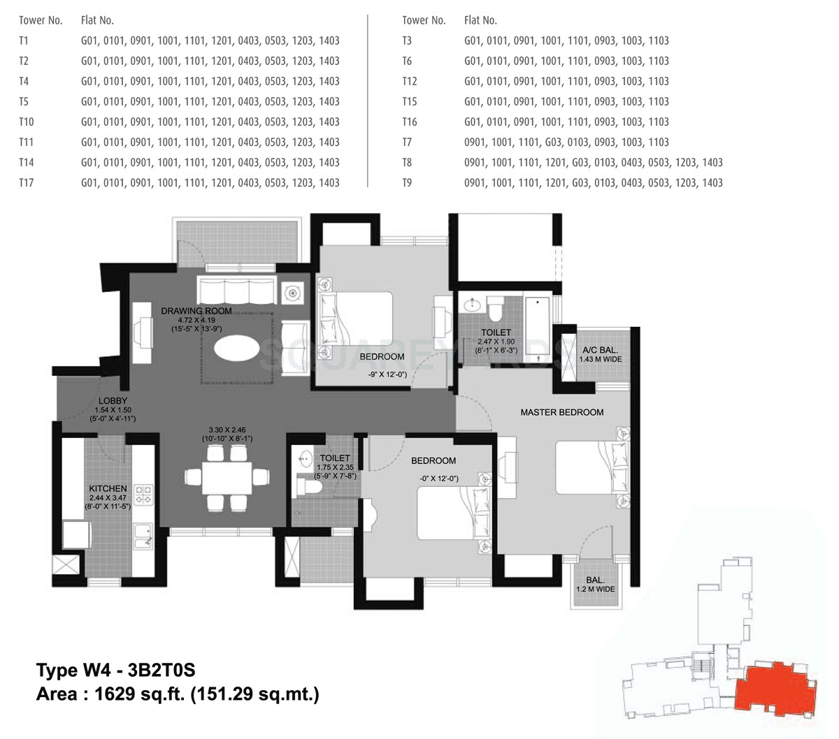 Floor plan of 3 BHK 1629 Sq. Ft. Apartment in Unitech Fresco, Gurgaon