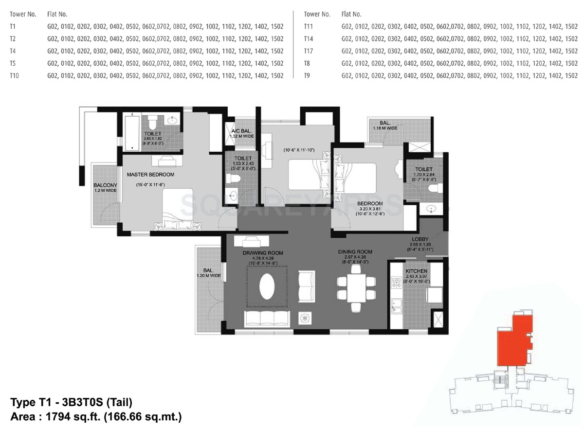 Floor plan of 3 BHK 1794 Sq. Ft. Apartment in Unitech Fresco, Gurgaon
