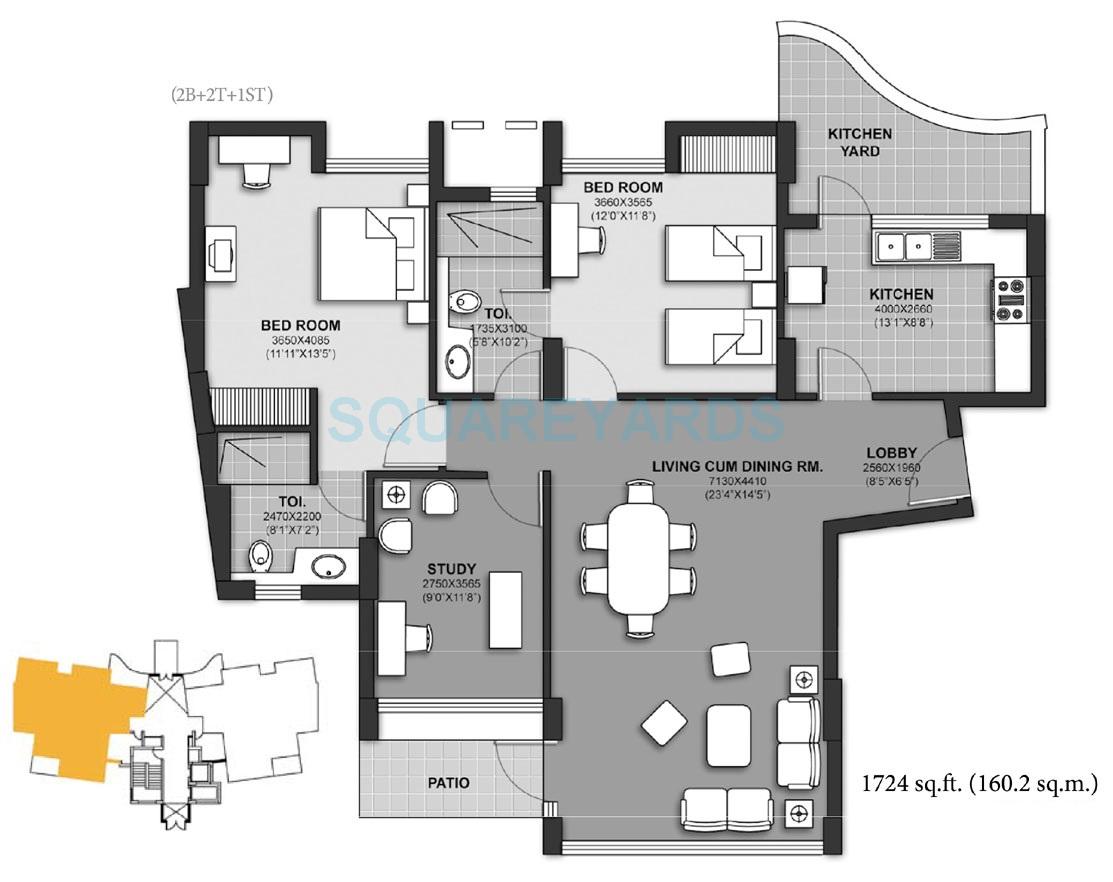 Floor plan of 2 BHK 1724 Sq. Ft. Apartment in Unitech Harmony, Gurgaon