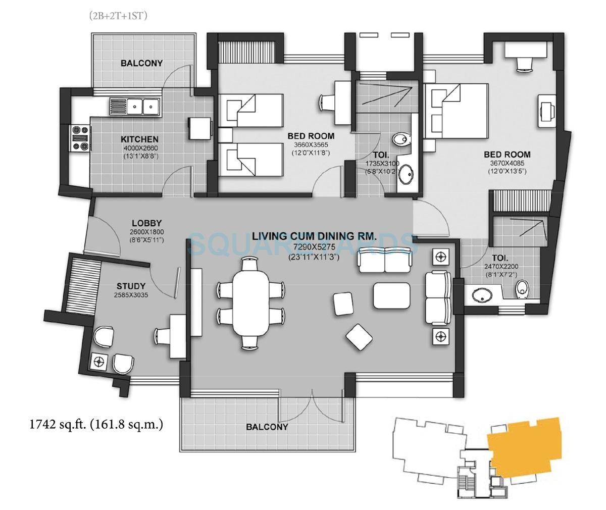 Floor plan of 2 BHK 1742 Sq. Ft. Apartment in Unitech Harmony, Gurgaon