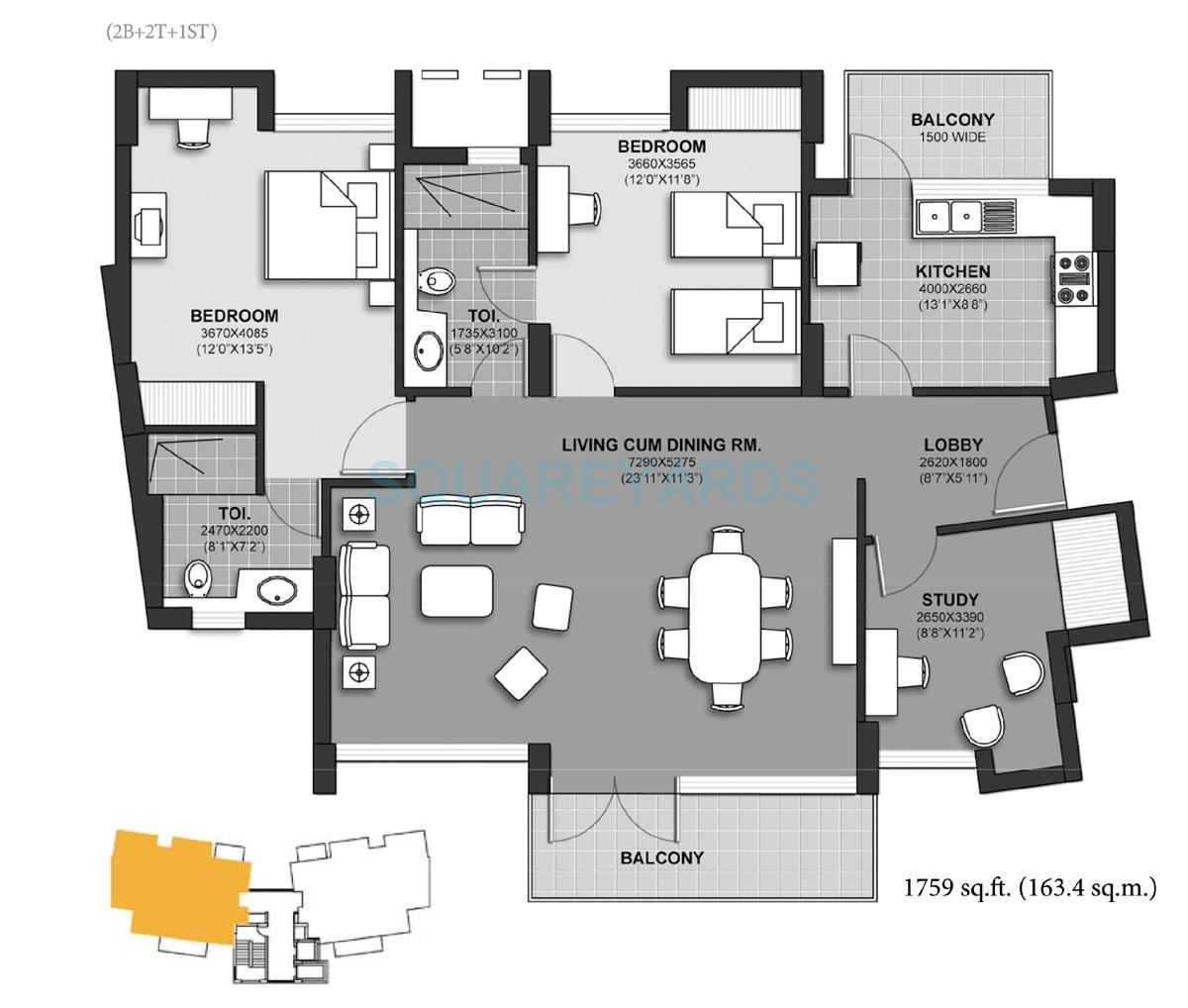 Floor plan of 2 BHK 1759 Sq. Ft. Apartment in Unitech Harmony, Gurgaon