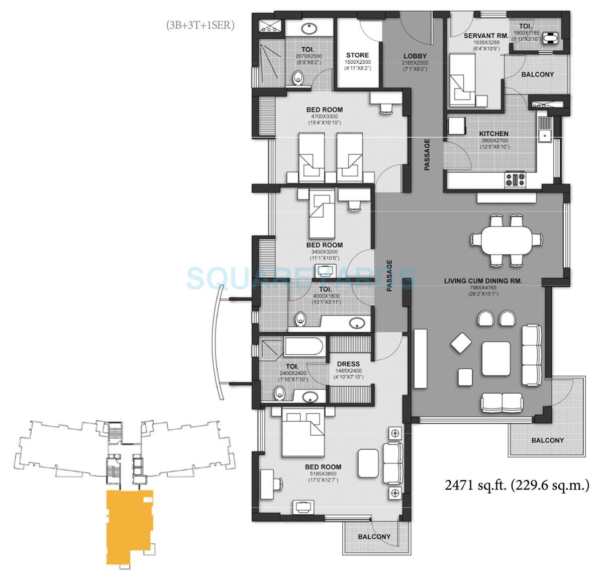 Floor plan of 3 BHK 2471 Sq. Ft. Apartment in Unitech Harmony, Gurgaon