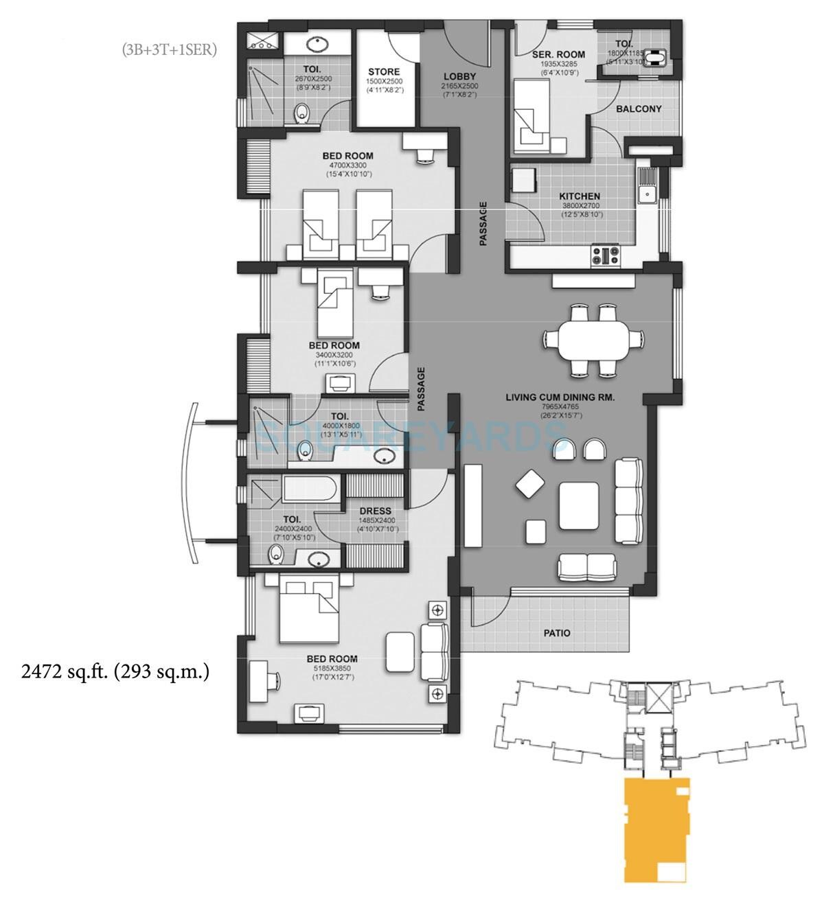 Floor plan of 3 BHK 2472 Sq. Ft. Apartment in Unitech Harmony, Gurgaon