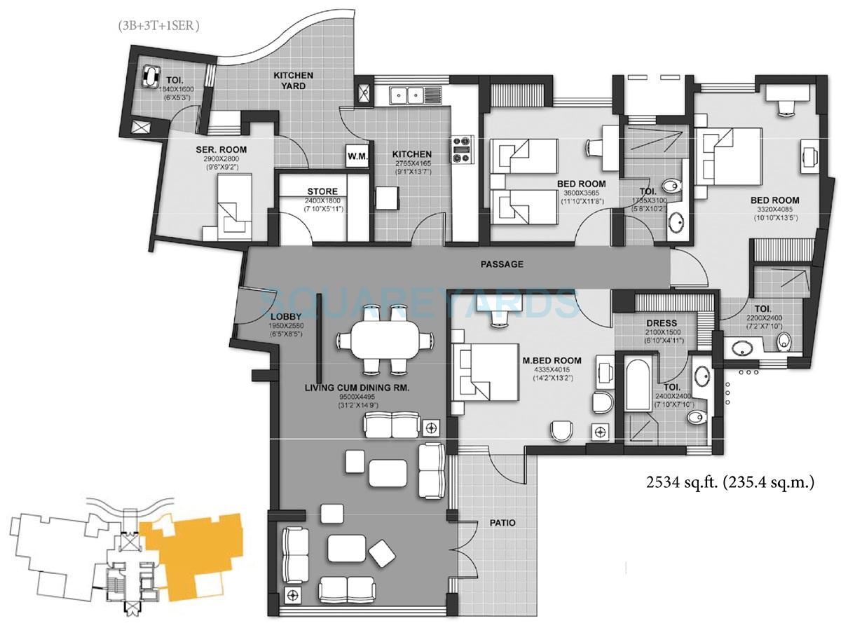 Floor plan of 3 BHK 2534 Sq. Ft. Apartment in Unitech Harmony, Gurgaon