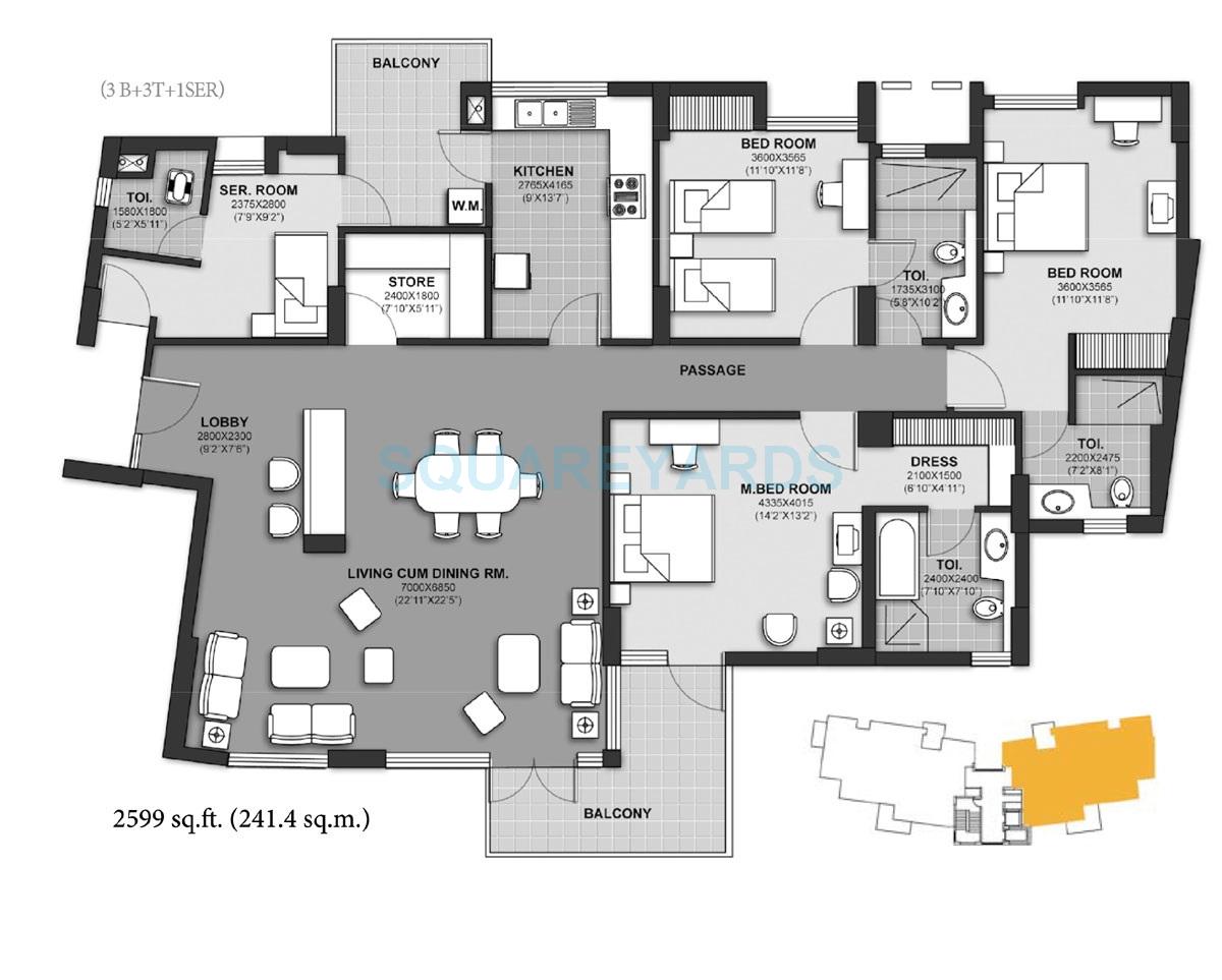 Floor plan of 3 BHK 2599 Sq. Ft. Apartment in Unitech Harmony, Gurgaon