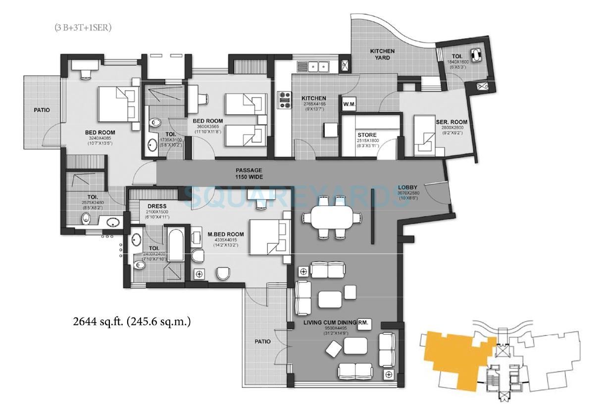 Floor plan of 3 BHK 2644 Sq. Ft. Apartment in Unitech Harmony, Gurgaon