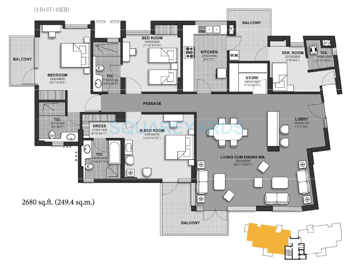 Floor plan of 3 BHK 2680 Sq. Ft. Apartment in Unitech Harmony, Gurgaon
