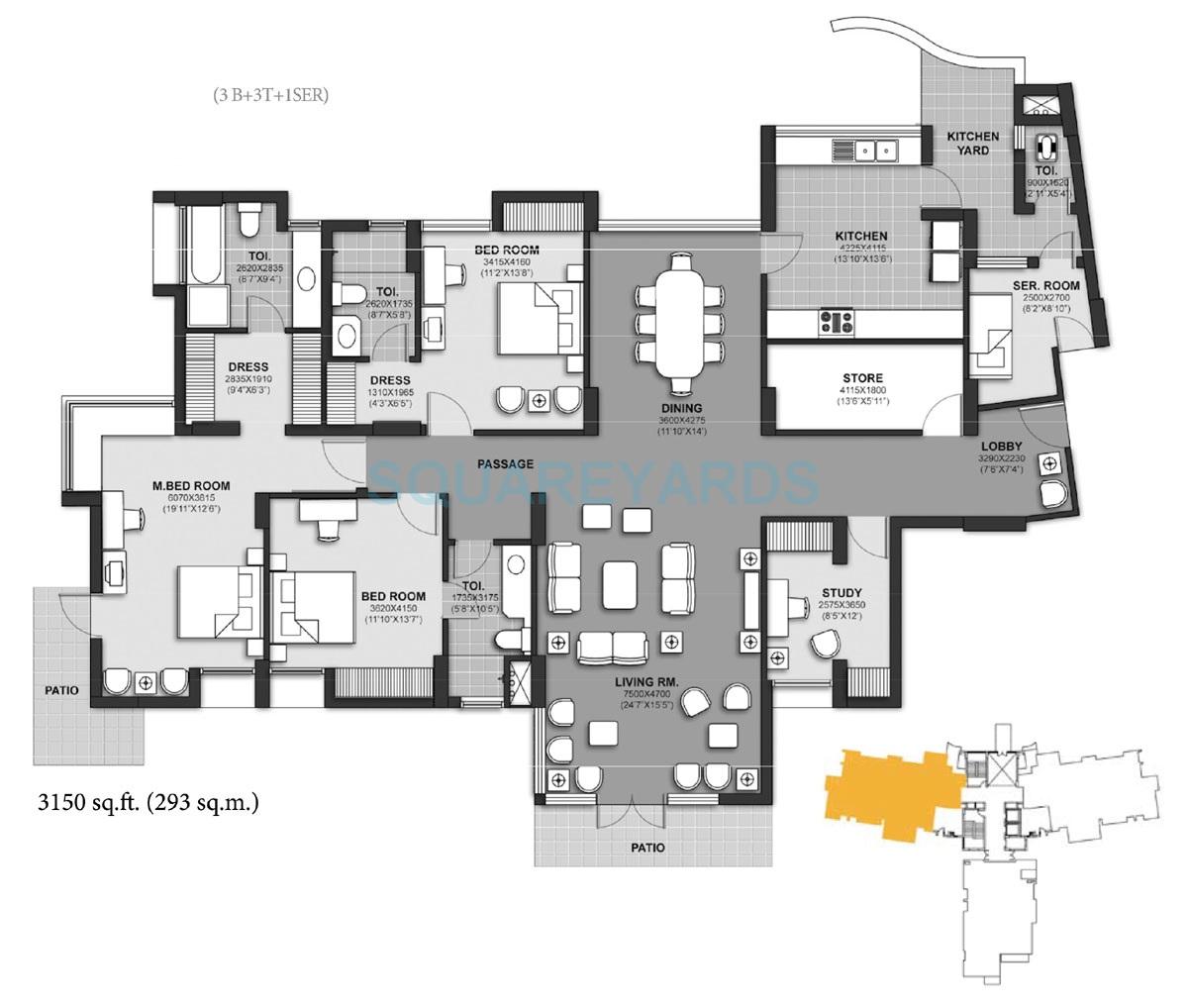 Floor plan of 3 BHK 3150 Sq. Ft. Apartment in Unitech Harmony, Gurgaon