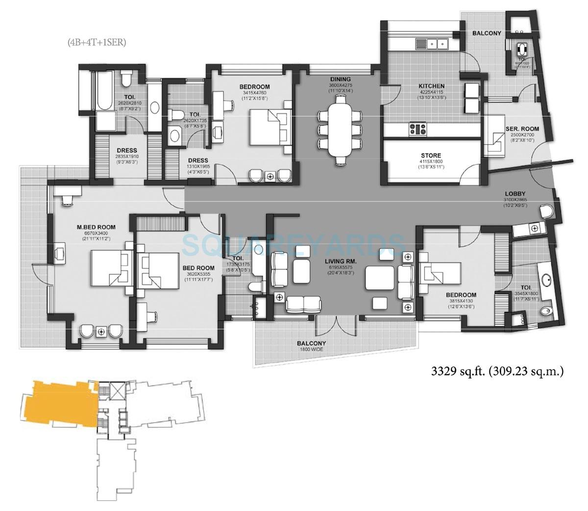 Floor plan of 4 BHK 3329 Sq. Ft. Apartment in Unitech Harmony, Gurgaon