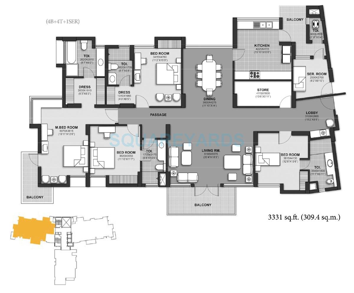 Floor plan of 4 BHK 3331 Sq. Ft. Apartment in Unitech Harmony, Gurgaon