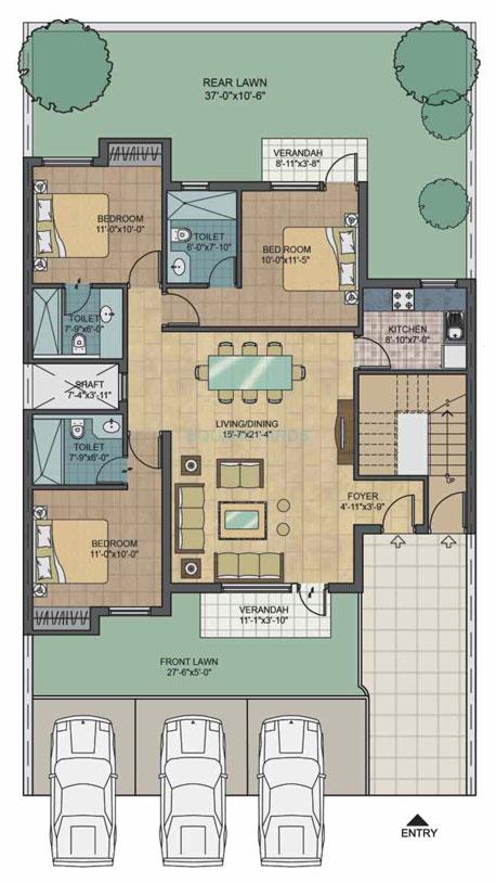 Floor plan of 3 BHK 1300 Sq. Ft. Ind Floor in Unitech South City II, Gurgaon
