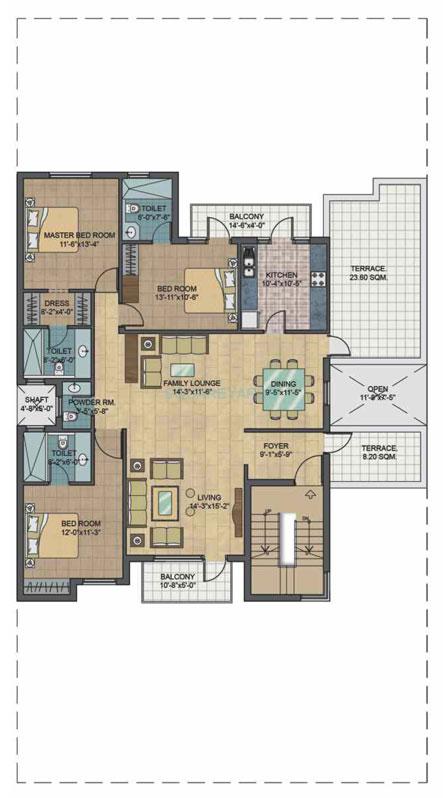 Floor plan of 3 BHK 1802 Sq. Ft. Ind Floor in Unitech South City II, Gurgaon