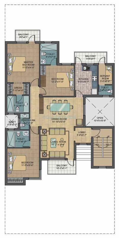 Floor plan of 3 BHK 1625 Sq. Ft. Ind Floor in Unitech South City II, Gurgaon