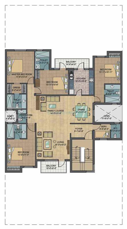 Floor plan of 4 BHK 2153 Sq. Ft. Ind Floor in Unitech South City II, Gurgaon