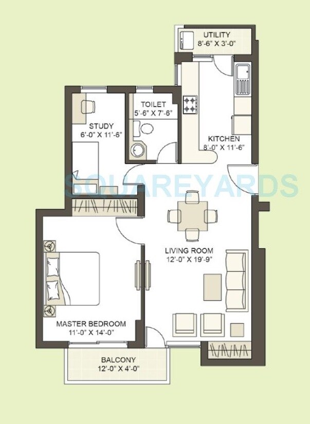 Floor plan of 1 BHK 1000 Sq. Ft. Apartment in Unitech South Park, Gurgaon