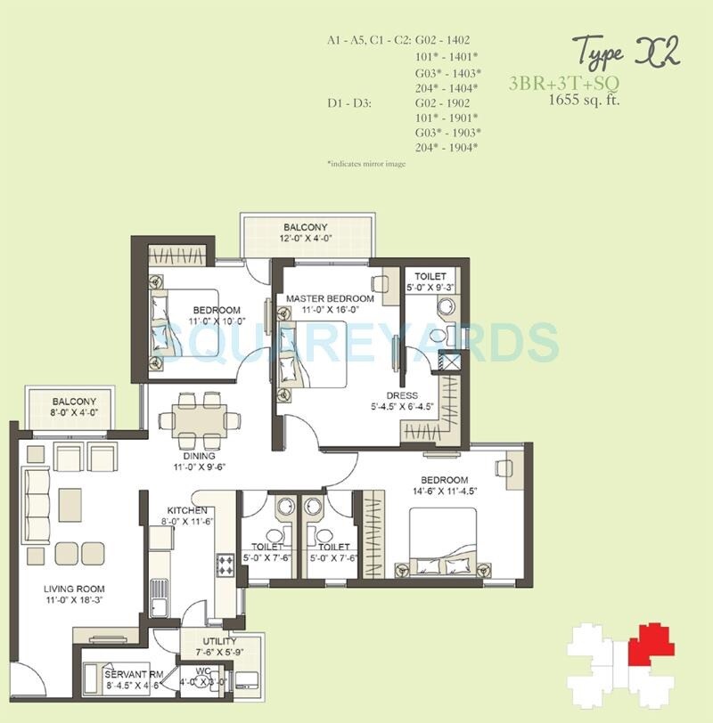 Floor plan of 3 BHK 1655 Sq. Ft. Apartment in Unitech South Park, Gurgaon