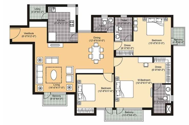 Floor plan of 3 BHK 1937 Sq. Ft. Apartment in Unitech Sunbreeze, Gurgaon