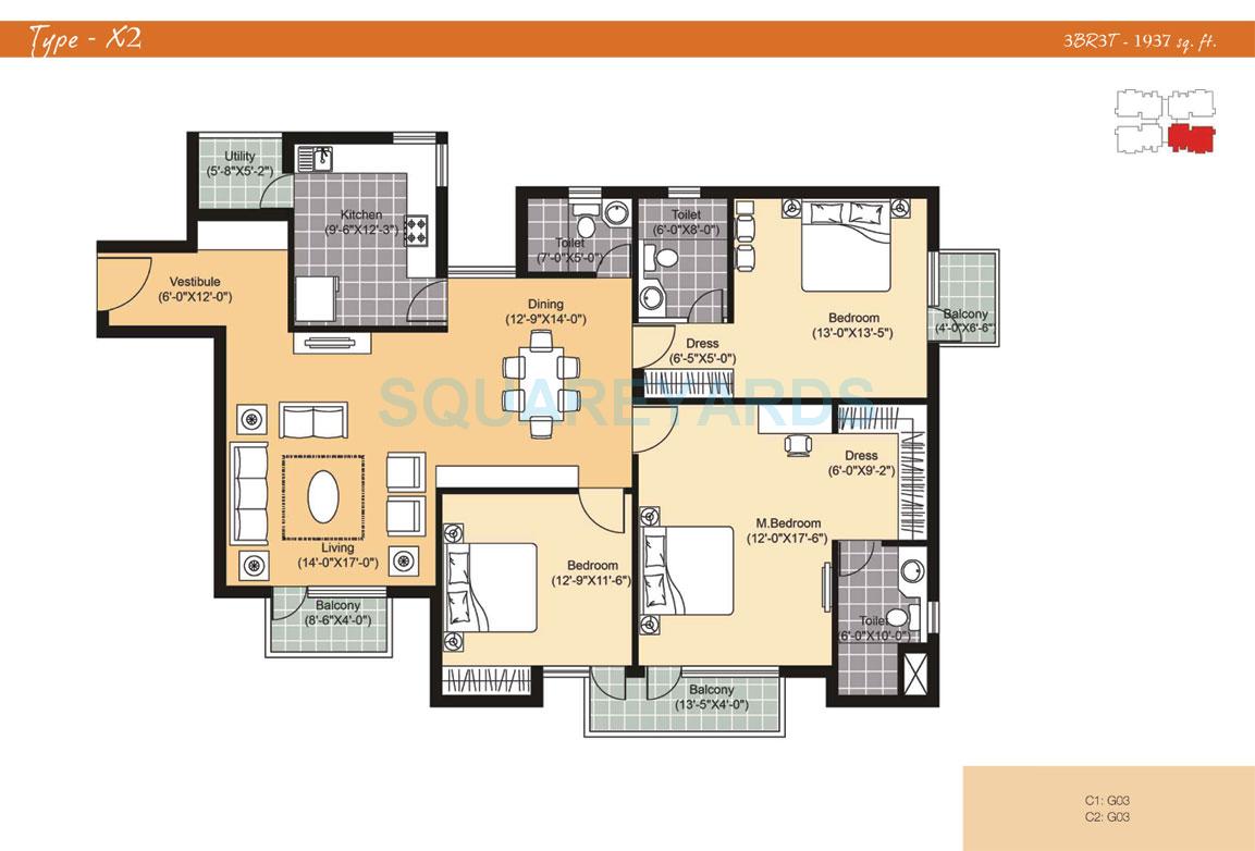 Floor plan of 3 BHK 1937 Sq. Ft. Apartment in Unitech Sunbreeze Gurgaon, Gurgaon