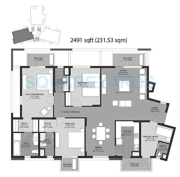 Floor plan of 3 BHK 2491 Sq. Ft. Apartment in Unitech The Close North, Gurgaon