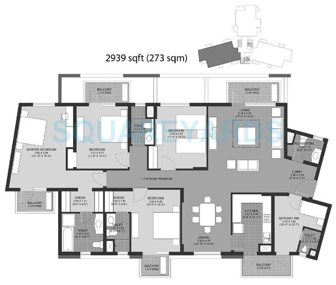 Floor plan of 4 BHK 2939 Sq. Ft. Apartment in Unitech The Close North, Gurgaon