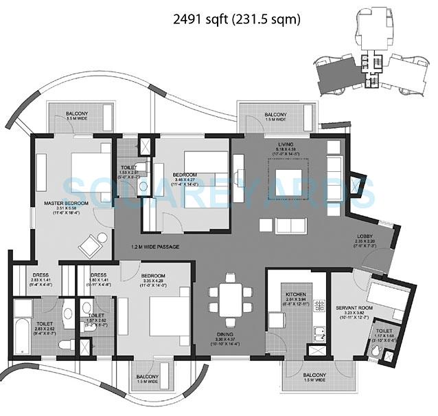 Floor plan of 3 BHK 2491 Sq. Ft. Apartment in Unitech The Close South, Gurgaon