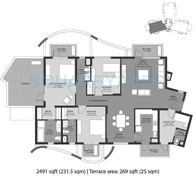 Rental 3 Bedroom 2460 Sq.Ft. Apartment in Unitech The Close South