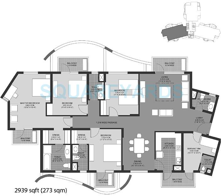 Floor plan of 4 BHK 2939 Sq. Ft. Apartment in Unitech The Close South, Gurgaon
