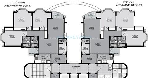 Floor plan of 3 BHK 1548 Sq. Ft. Apartment in Unitech Palms, Gurgaon