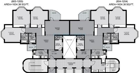 Floor plan of 3 BHK 1634 Sq. Ft. Apartment in Unitech Palms, Gurgaon