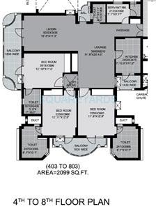 Floor plan of 3 BHK 2099 Sq. Ft. Apartment in Unitech Palms, Gurgaon