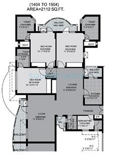 Floor plan of 3 BHK 2112 Sq. Ft. Apartment in Unitech Palms, Gurgaon