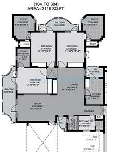Floor plan of 3 BHK 2116 Sq. Ft. Apartment in Unitech Palms, Gurgaon