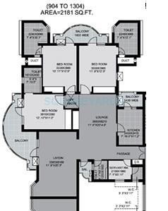 Floor plan of 3 BHK 2181 Sq. Ft. Apartment in Unitech Palms, Gurgaon