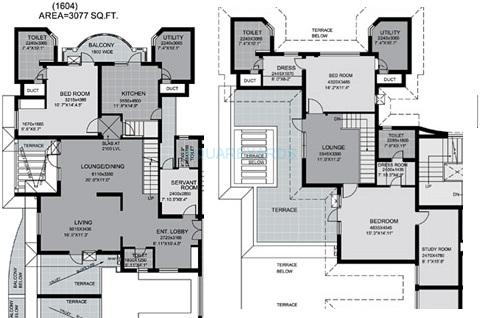 Floor plan of 3 BHK 3077 Sq. Ft. Penthouse in Unitech Palms, Gurgaon