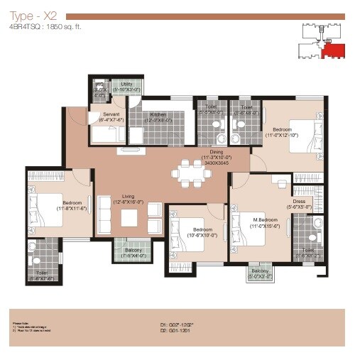 Floor plan of 4 BHK 1850 Sq. Ft. Apartment in Unitech The Residences Gurgaon, Gurgaon