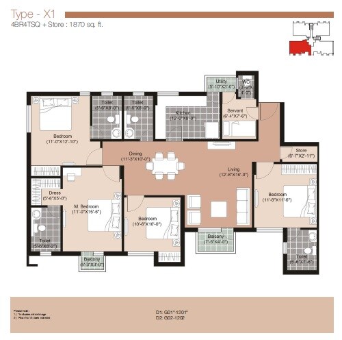 Floor plan of 4 BHK 1870 Sq. Ft. Apartment in Unitech The Residences Gurgaon, Gurgaon
