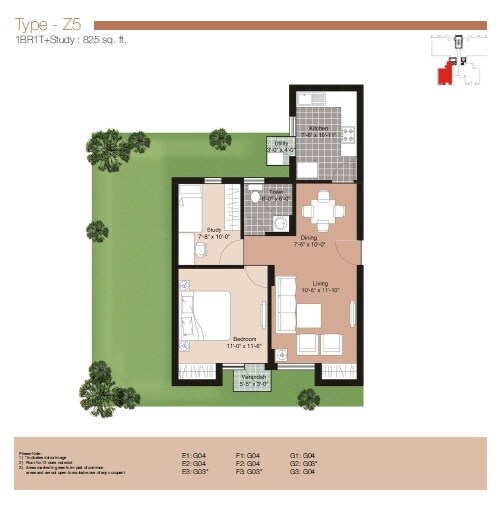 Floor plan of 1 BHK 825 Sq. Ft. Apartment in Unitech The Residences Sector 33, Gurgaon