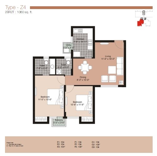 Floor plan of 2 BHK 1060 Sq. Ft. Apartment in Unitech The Residences Sector 33, Gurgaon