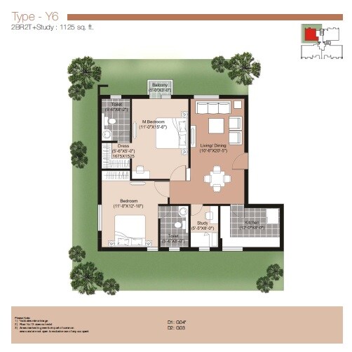 Floor plan of 2 BHK 1125 Sq. Ft. Apartment in Unitech The Residences Sector 33, Gurgaon