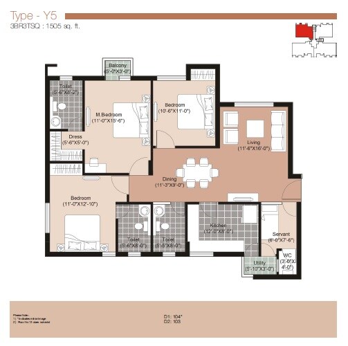 Floor plan of 3 BHK 1505 Sq. Ft. Apartment in Unitech The Residences Sector 33, Gurgaon